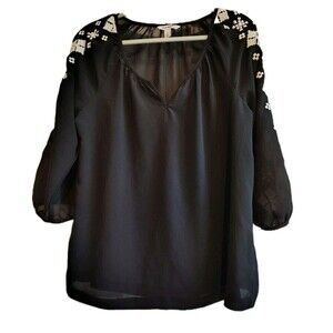 Old Navy Women’s Black Blouse Size Large Embroidered Boho 3/4 Sleeve Top